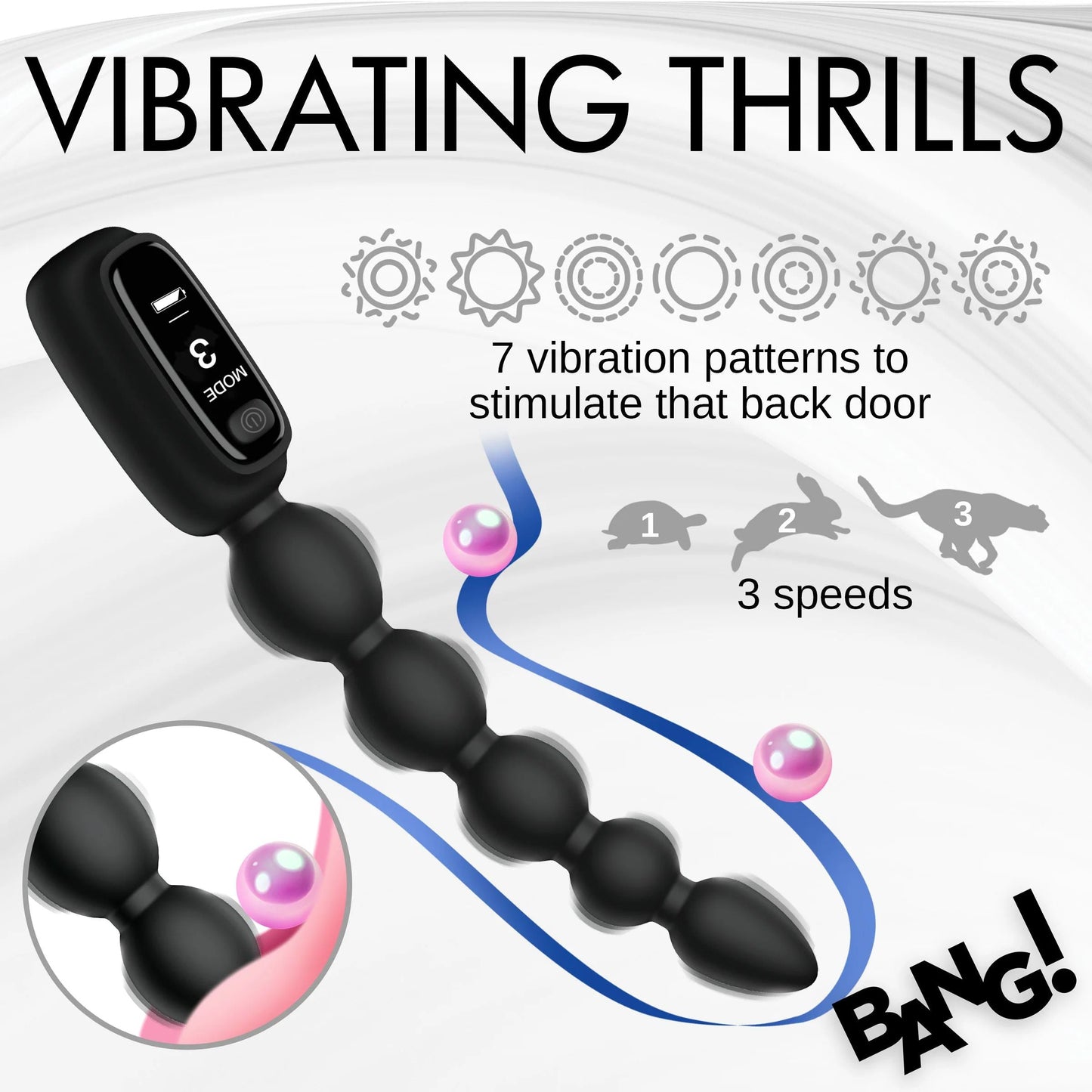 Bang! Silicone Vibrating Anal Beads with Digital Display - Black